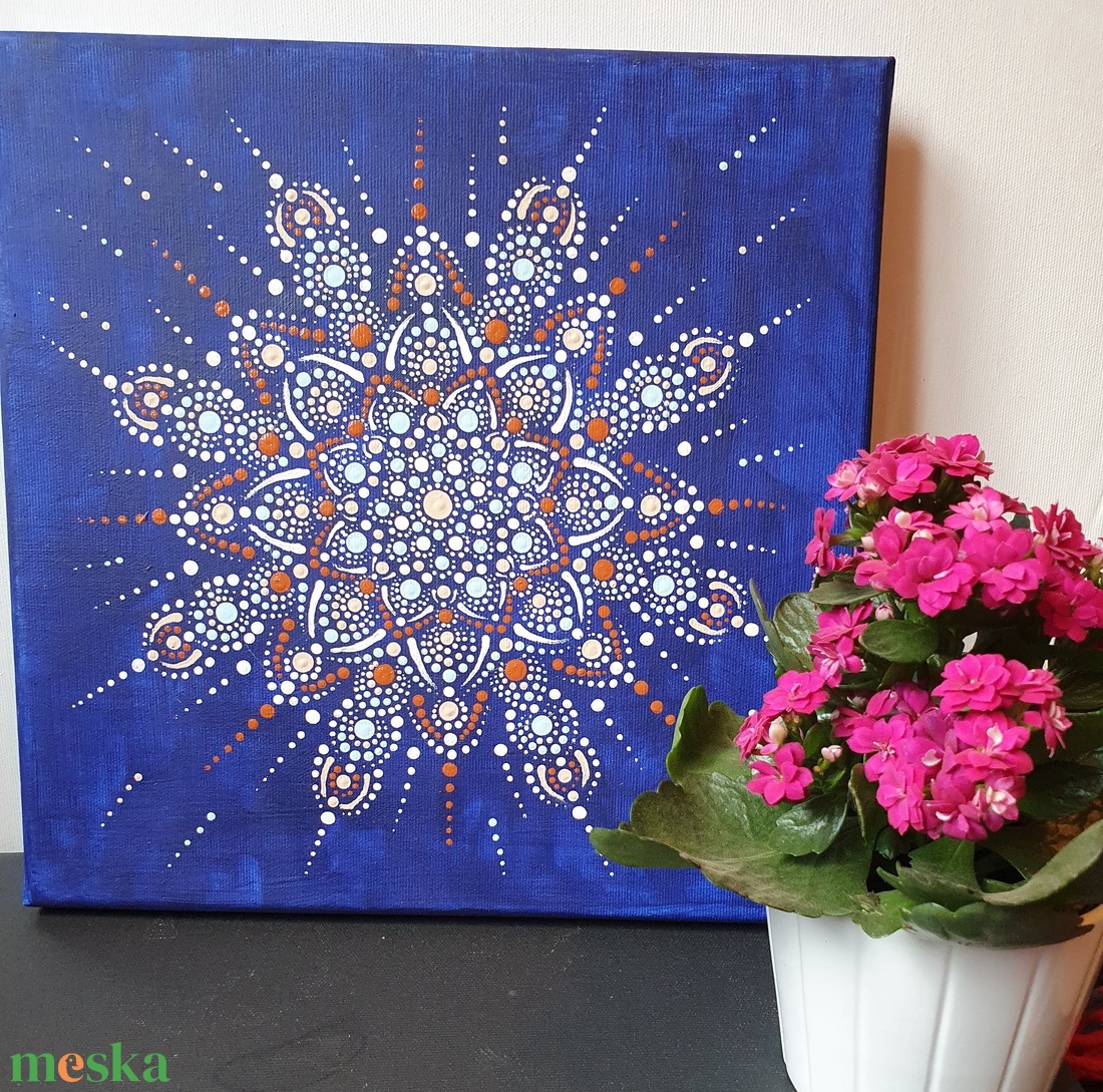 Kék alapon barna, fehér, világoskék színű mandala - otthon & életmód - dekoráció - spiritualitás - mandala - Meska.hu