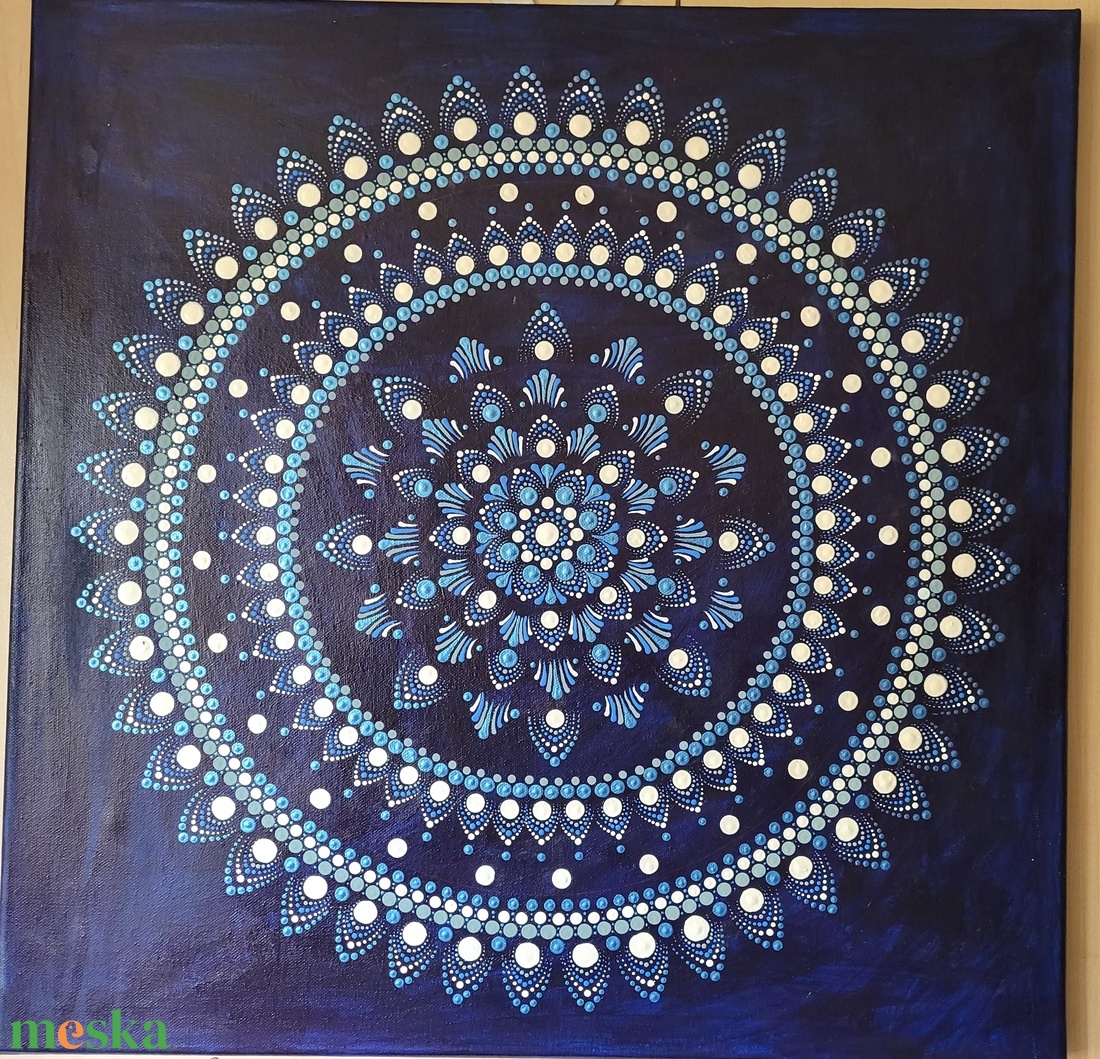 Kék alapon fehér, szürke és kék színű mandala - otthon & életmód - dekoráció - spiritualitás - mandala - Meska.hu