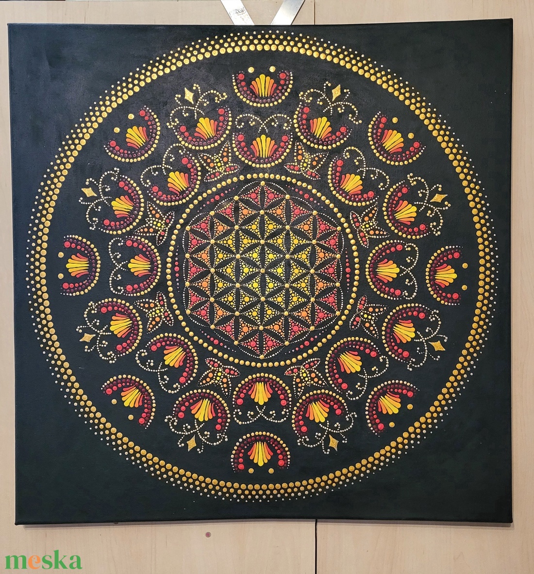 Fekete alapon arany, piros, sárga és narancs színű mandala - otthon & életmód - dekoráció - spiritualitás - mandala - Meska.hu