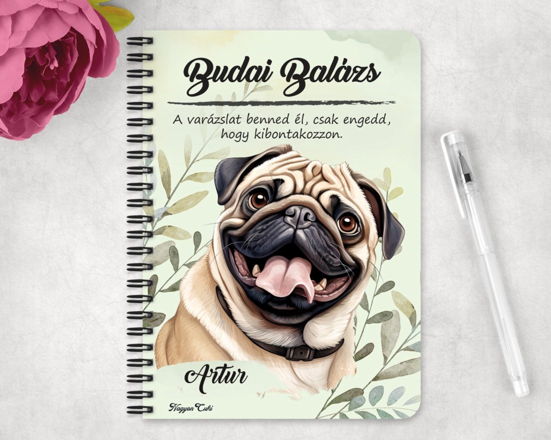 Személyre szabható - Barna mopsz portré mintás A6-os füzet - otthon & életmód - papír, írószer - jegyzetfüzet & napló - Meska.hu