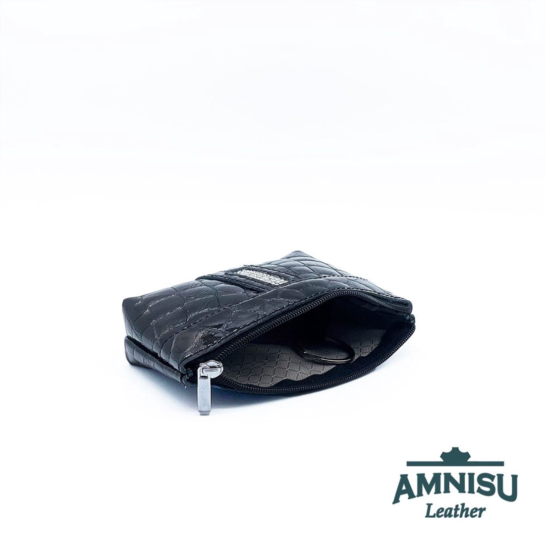 Sötétbarna lakk krokkómintás egy cipzáras egyenes swarovski köves kulcstartó E9019 -  - Meska.hu