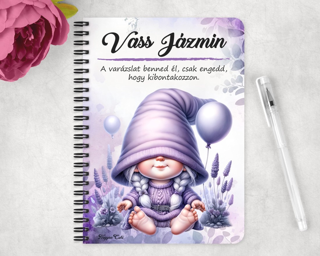 Személyre szabható - Lufis levendulás manólány mintás A6-os füzet - otthon & életmód - papír, írószer - jegyzetfüzet & napló - Meska.hu