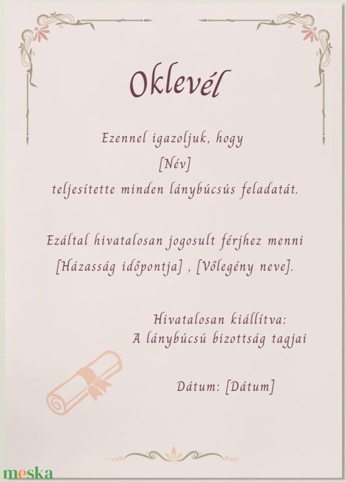 Lánybúcsú idézés és oklevél személyre szabható grafika (igény szerint nyomtatás) - esküvő - lánybúcsú - Meska.hu