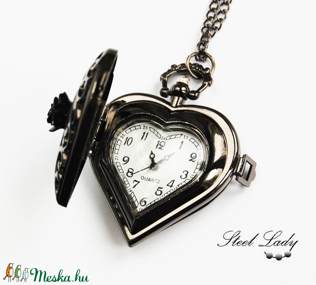 Blackened Time - fekete rózsás szív nyaklánc óra -  - Meska.hu
