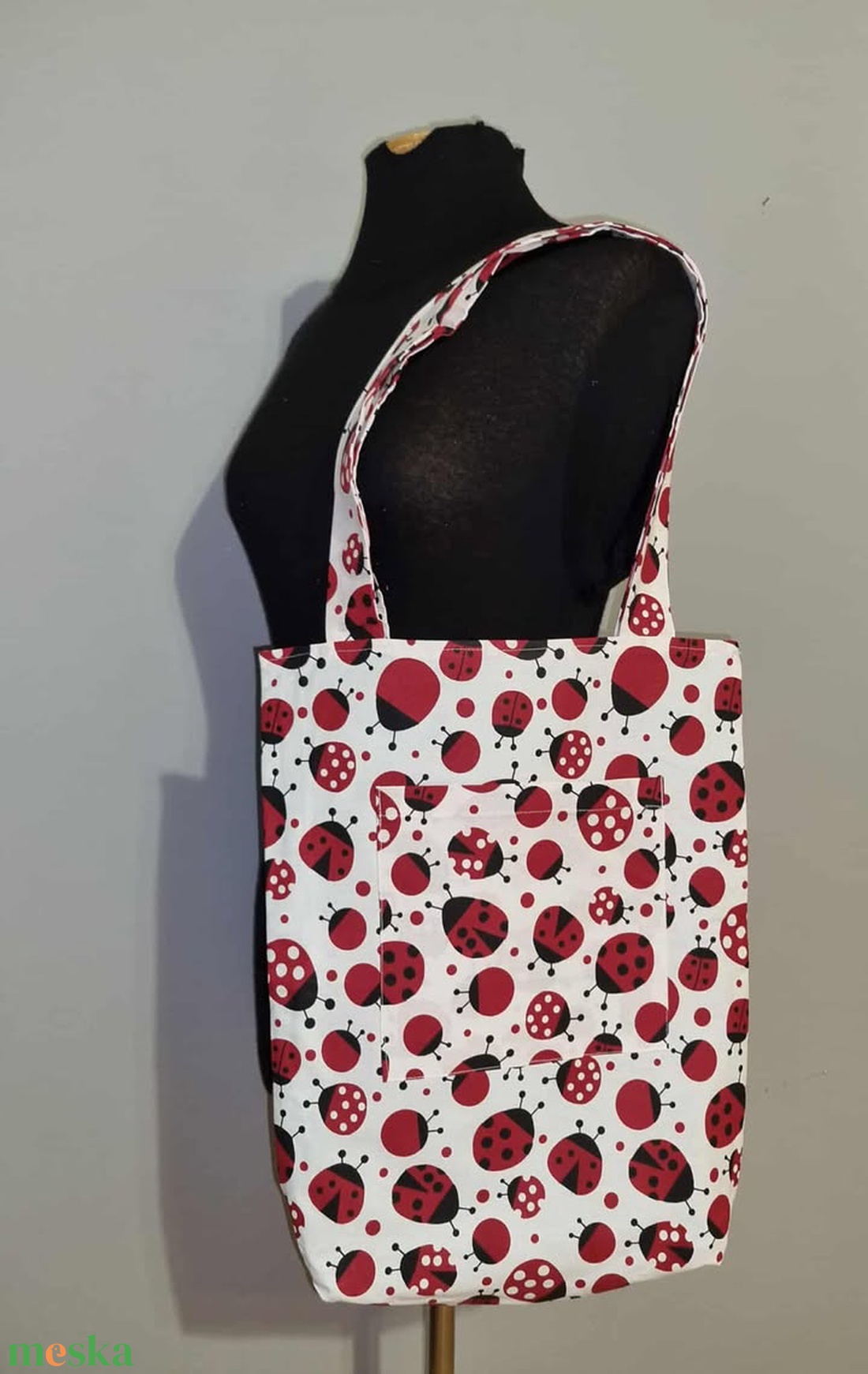 Vállra akasztható bélelt szatyor- katicás - táska & tok - bevásárlás & shopper táska - shopper, textiltáska, szatyor - Meska.hu