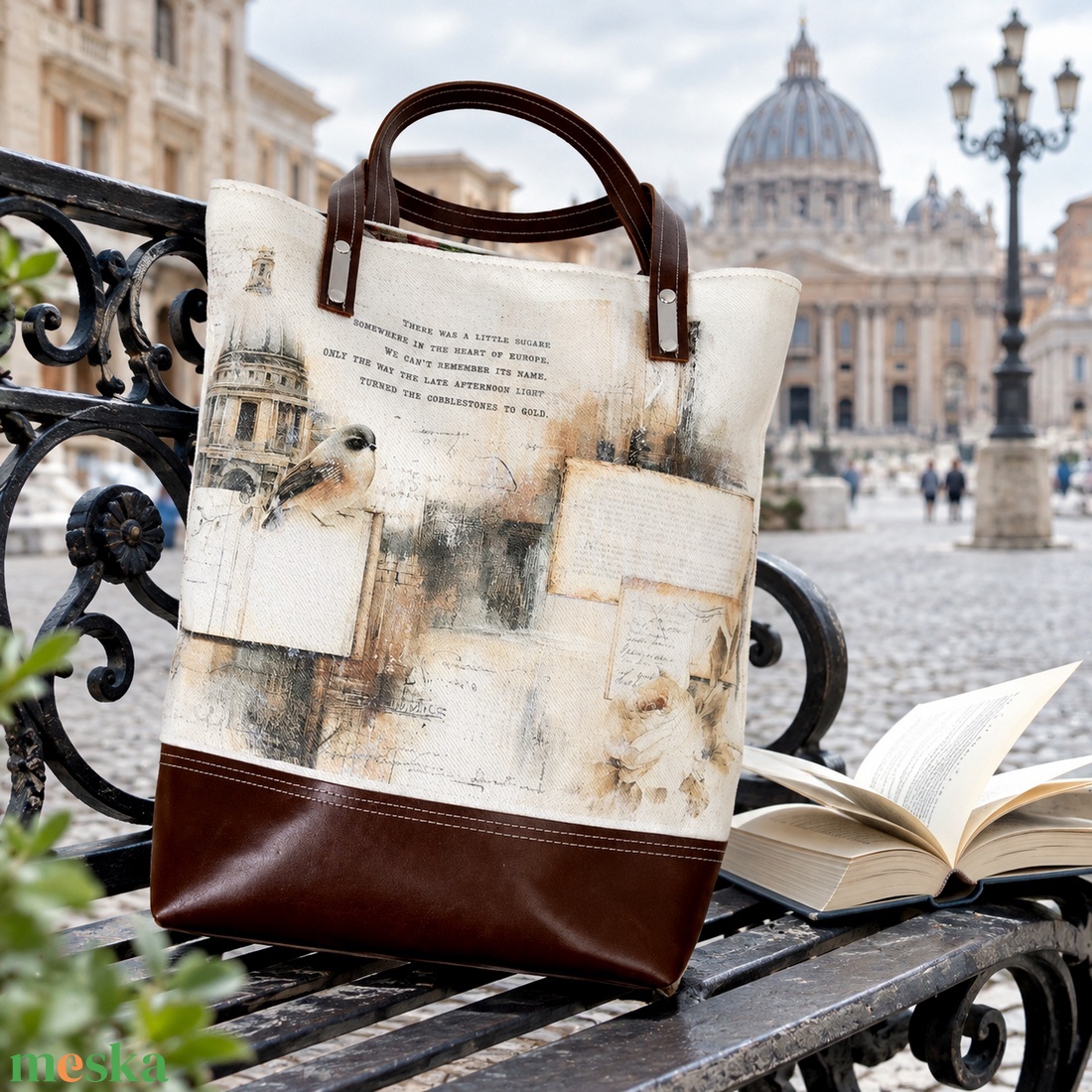 Volt egy kis tér valahol Európa szívében � Vintage utazós tote bag, művészi kollázs női táska - táska & tok - kézitáska & válltáska - nagy pakolós táska - Meska.hu