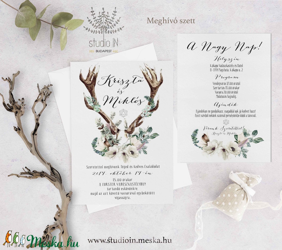 Agancsos Meghívó szett, Esküvői Meghívó, Erdei Esküvő, Vadász Esküvő,Virágos Meghívó - esküvő - meghívó & kártya - meghívó - Meska.hu