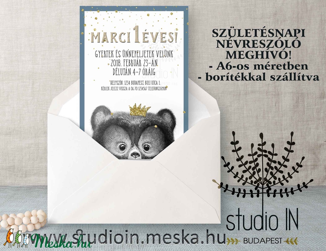 SZÜLETÉSNAPI Meghívó, macis meghívó, gyermek szülinapi lap, Első Születésnapi meghívó, Mackós meghívó, fiús meghívó -  - Meska.hu