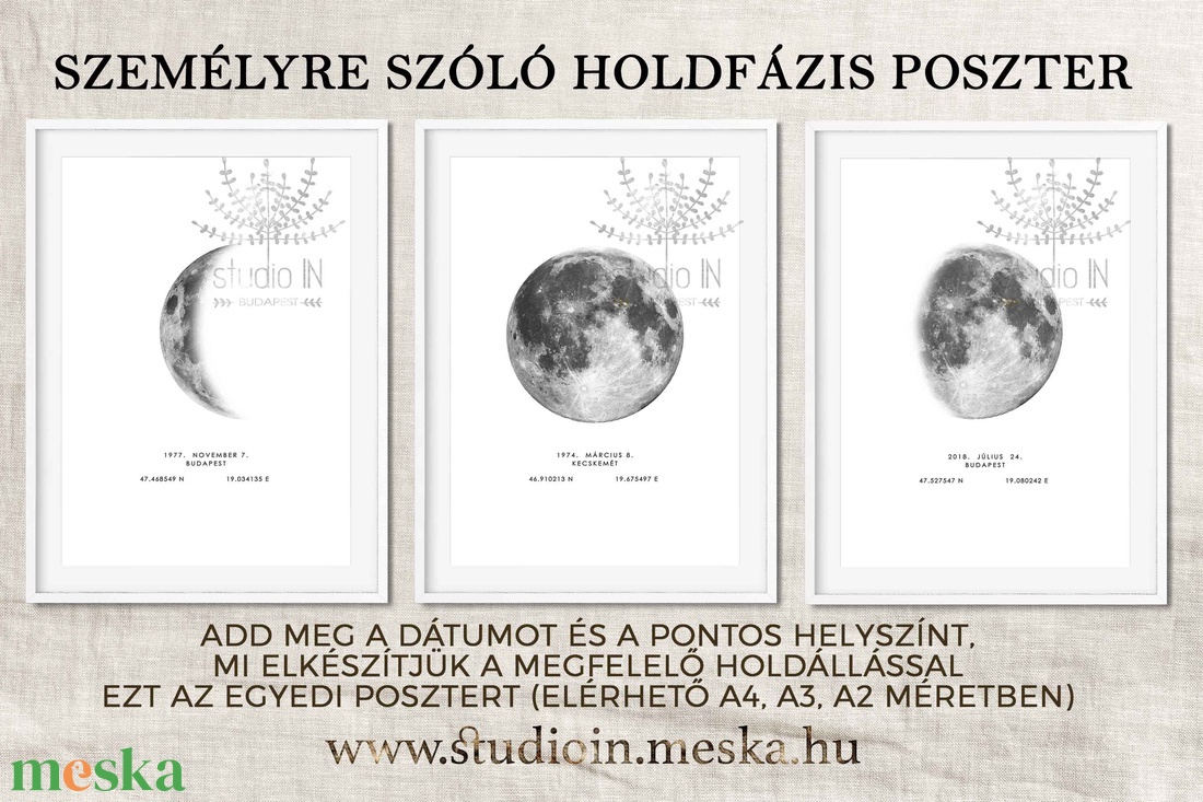 HOLD, HOLDFÁZIS EGYEDI FALI KÉP, HOLD FALIKÉP, HOLDÁLLÁS POSZTER, SZÜLETÉSNAPI HOLDNAPTÁR AJÁNDÉK  -  - Meska.hu