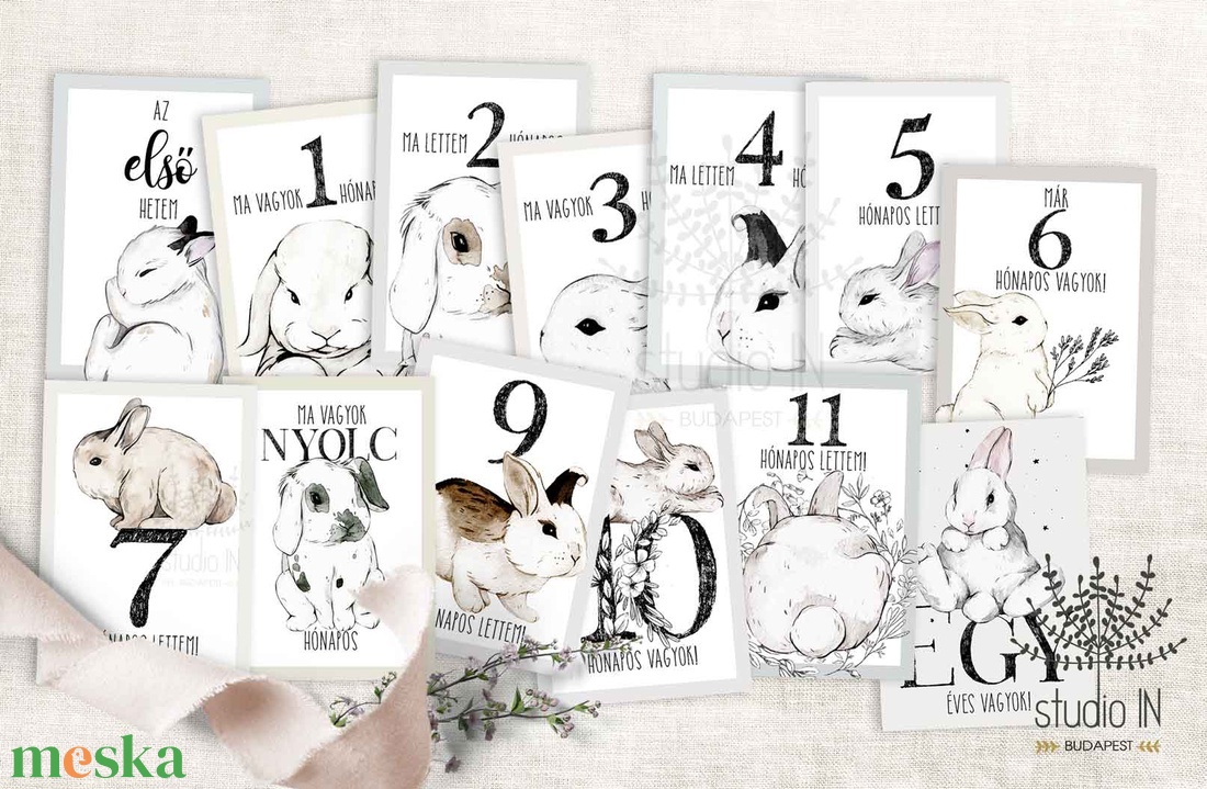 Nyuszis Baba fotó kártya, babaköszöntő kártyák, Milestone card, baba hónapos kártya, fotó kártya ajándék  -  - Meska.hu