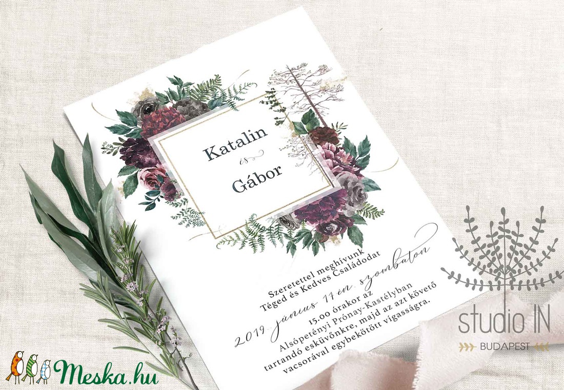 Bordó erdei esküvői meghívó, bordó virágos esküvői meghívó, őszi esküvői meghívó - esküvő - meghívó & kártya - meghívó - Meska.hu