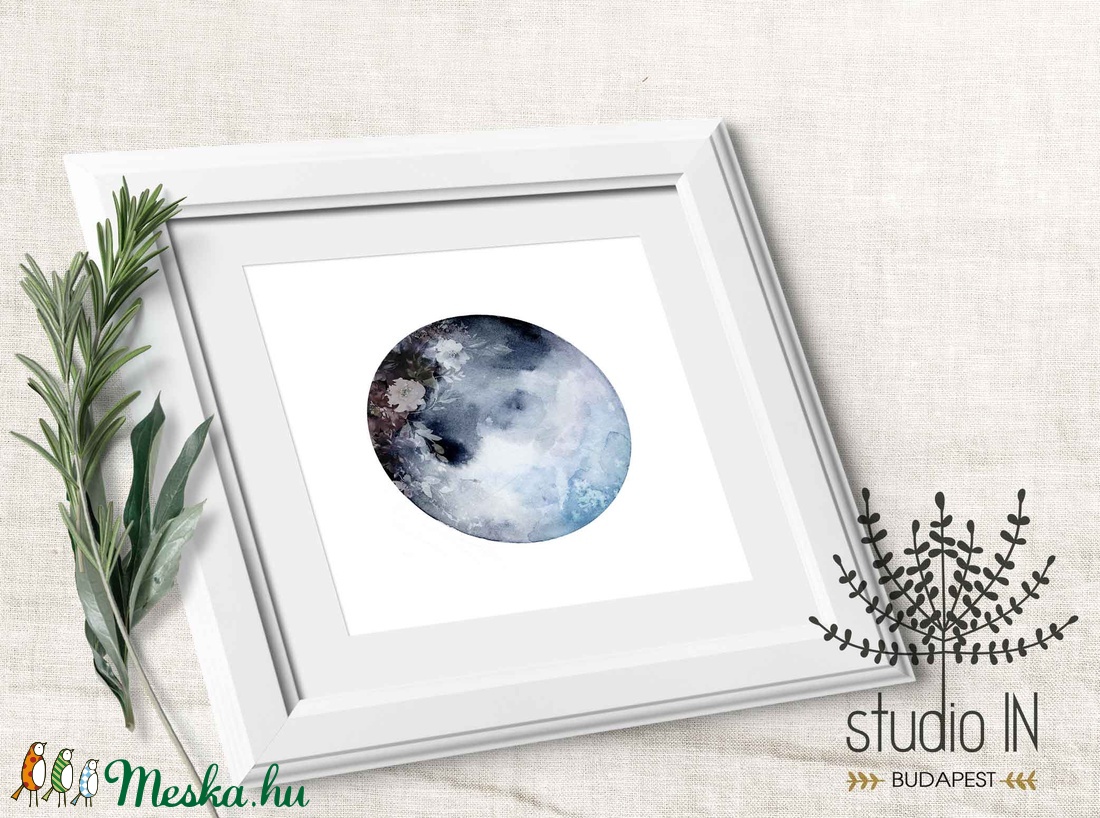 HOLD, kék viragos hold kép, telihold virágokkal, hold mánia, aquarell hold print, kék hold -  - Meska.hu