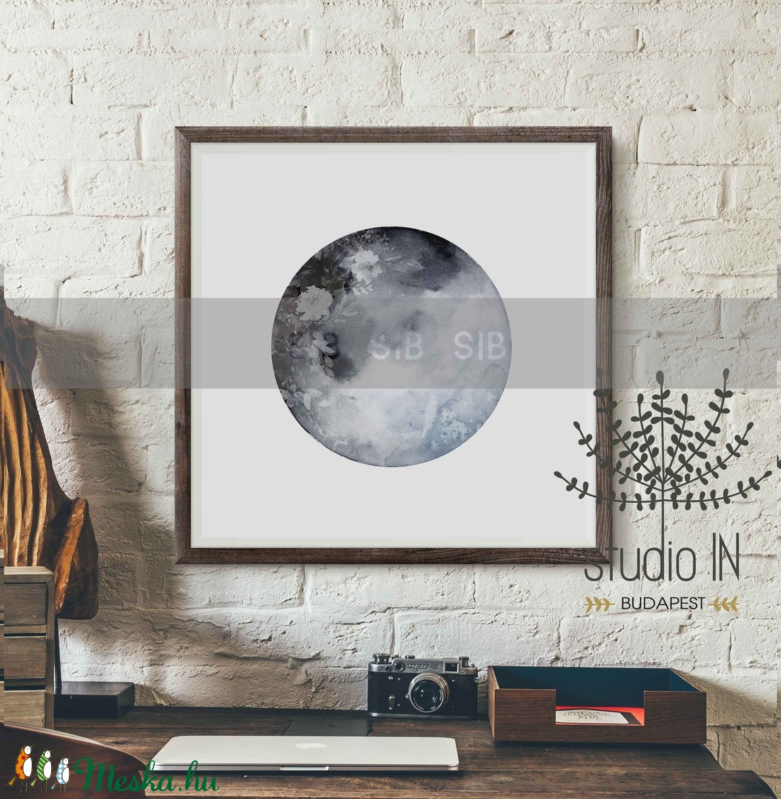 HOLD, kék viragos hold kép, telihold virágokkal, hold mánia, aquarell hold print, kék hold -  - Meska.hu