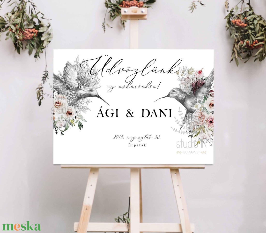 Esküvői üdvözlő tábla, esküvői vendégköszöntő tábla, kolibris esküvői tábla, botanikus esküvői dekoráció - esküvő - dekoráció - tábla & jelzés - Meska.hu