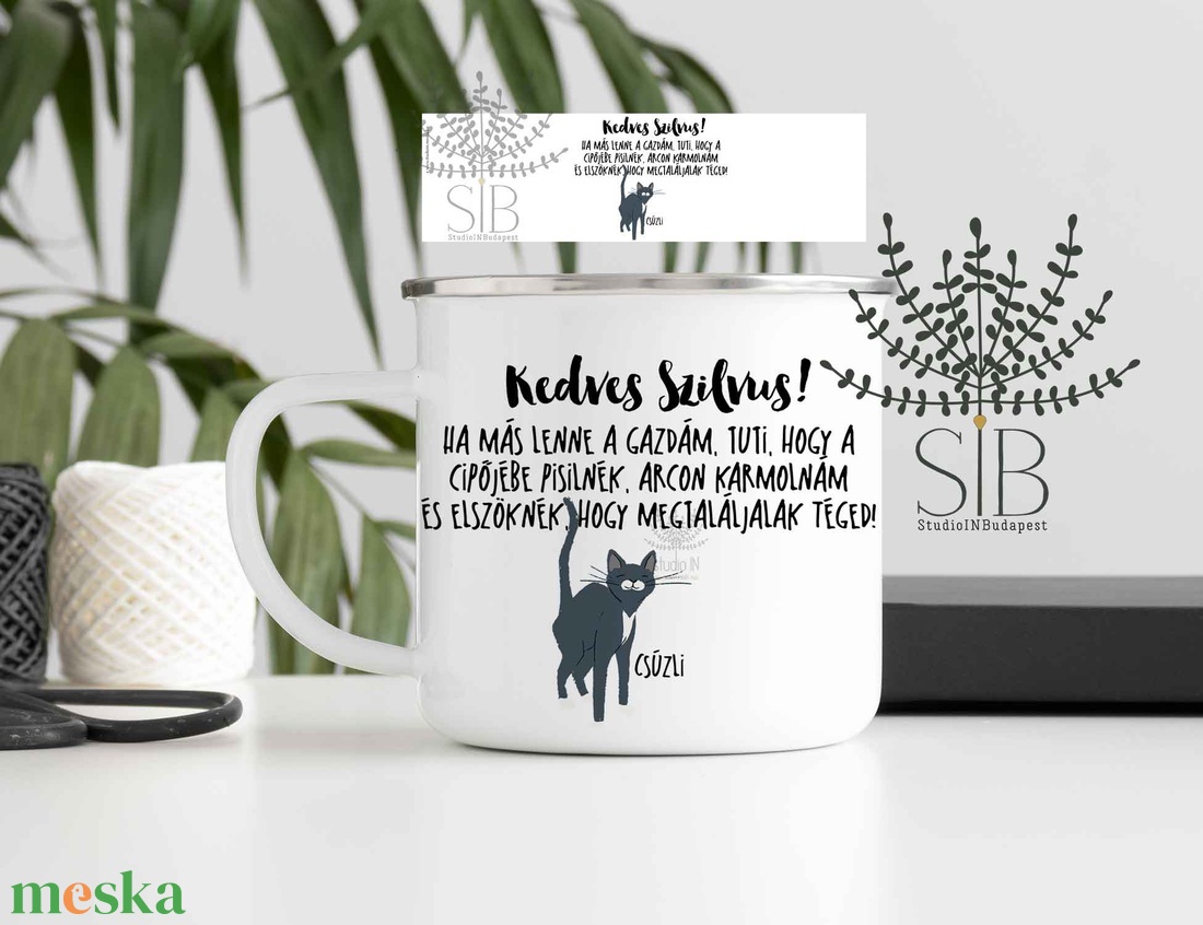 Macskás névre szóló zománcozott fém bögre - otthon & életmód - konyhafelszerelés, tálalás - tálalás - bögre & csésze - Meska.hu
