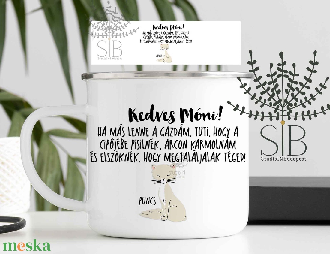 Macskás névre szóló zománcozott fém bögre - otthon & életmód - konyhafelszerelés, tálalás - tálalás - bögre & csésze - Meska.hu