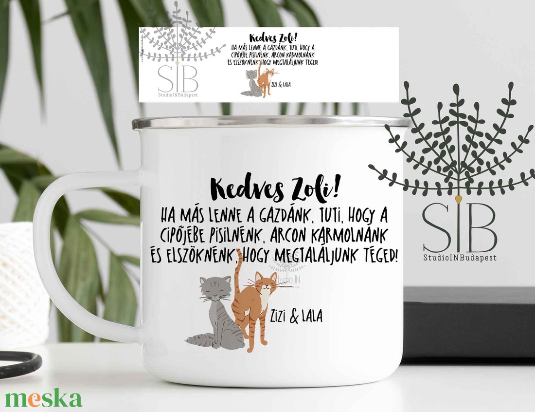 Macskás névre szóló zománcozott fém bögre - otthon & életmód - konyhafelszerelés, tálalás - tálalás - bögre & csésze - Meska.hu