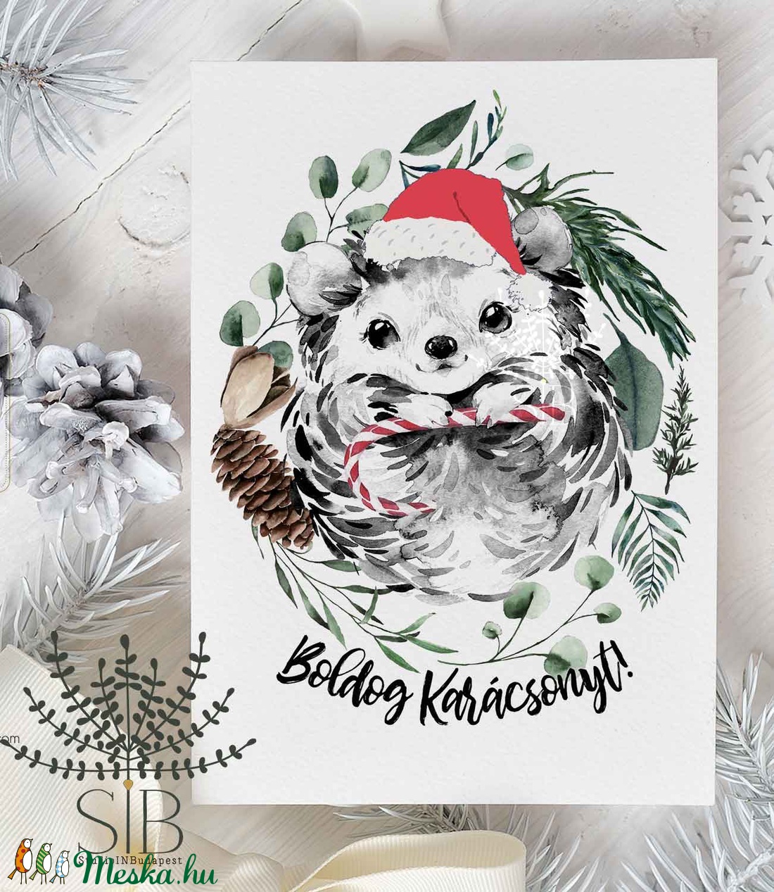 karácsonyi képeslap, sünis karácsony, téli karácsonyi üdvözlő lap -  - Meska.hu
