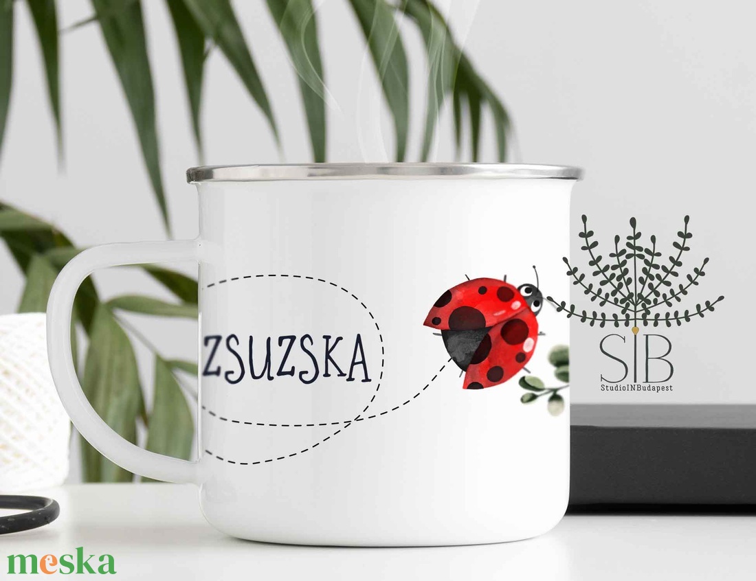 Katica grafikás zománcozott fém bögre, névre szóló - otthon & életmód - konyhafelszerelés, tálalás - tálalás - bögre & csésze - Meska.hu