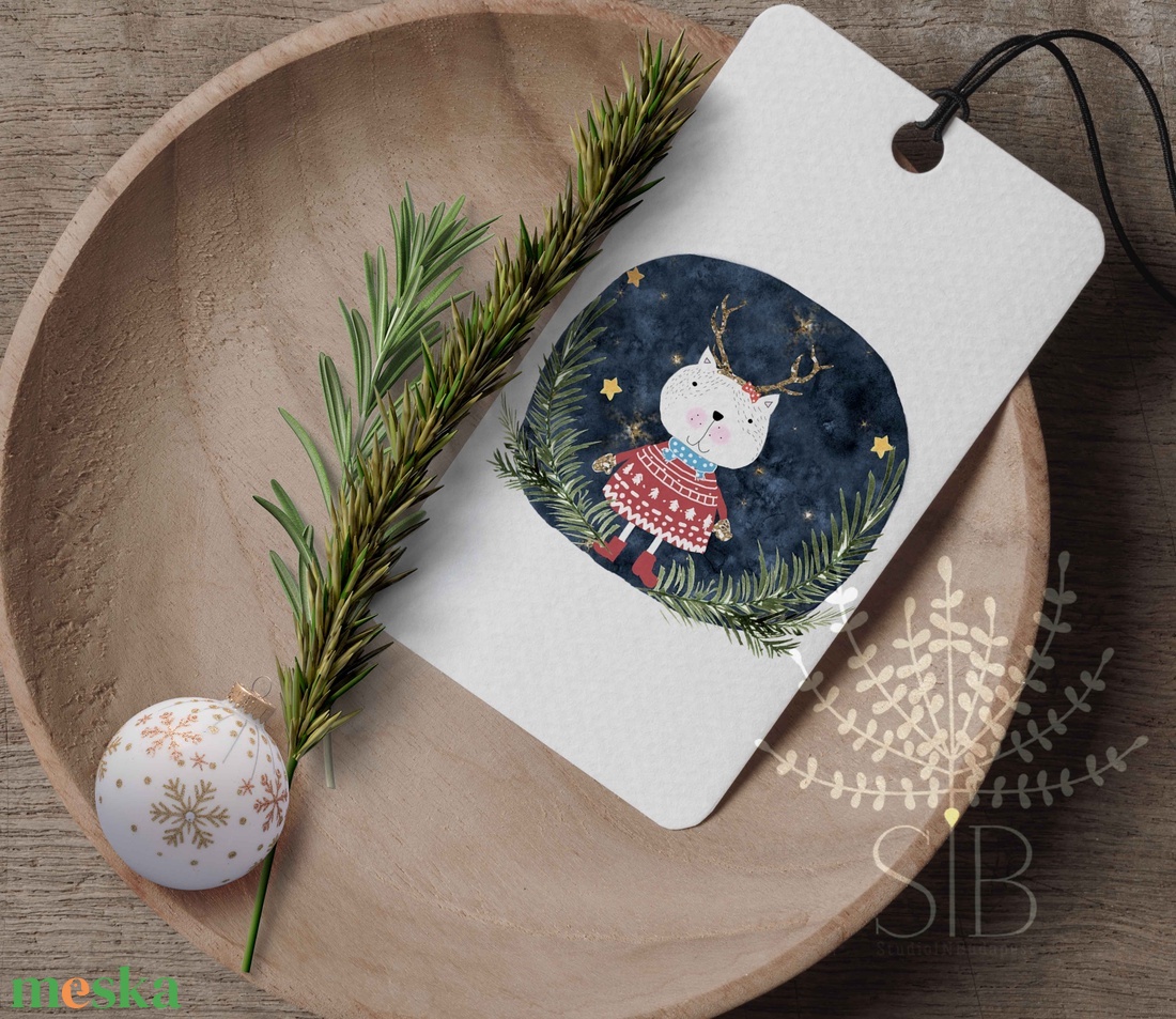 Macskás névre szóló karácsonyi ajándékkísérő, cica mintás ünnepi ajándékátadó   - karácsony - karácsonyi ajándékozás - karácsonyi ajándékcsomagolás - Meska.hu