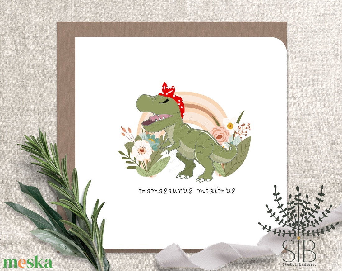 Anyák napi képeslap, Anya képeslap, Dinosaurus képeslap, mamasaurus, dinós anyák napi képeslap, - otthon & életmód - papír, írószer - ajándékozás kellékei - képeslap, üdvözlőlap - Meska.hu
