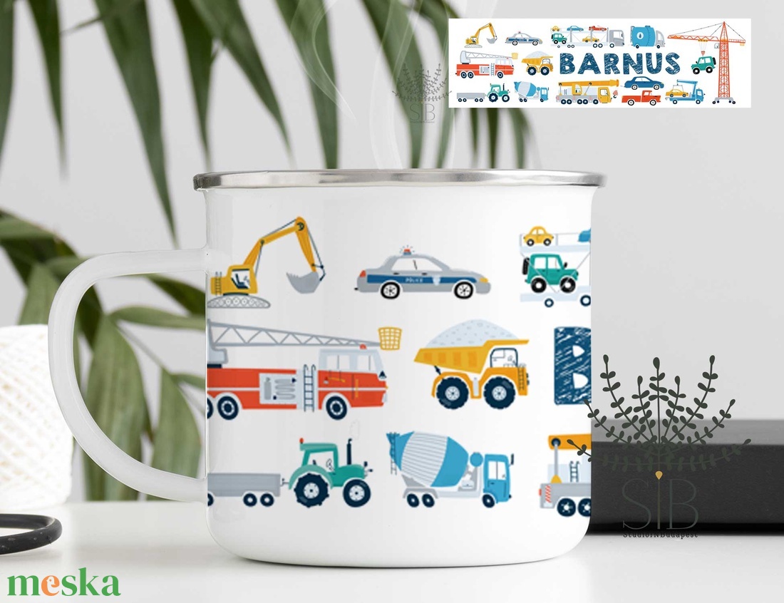 Névre szóló munkagép grafikás zománcozott fém bögre - otthon & életmód - konyhafelszerelés, tálalás - tálalás - bögre & csésze - Meska.hu