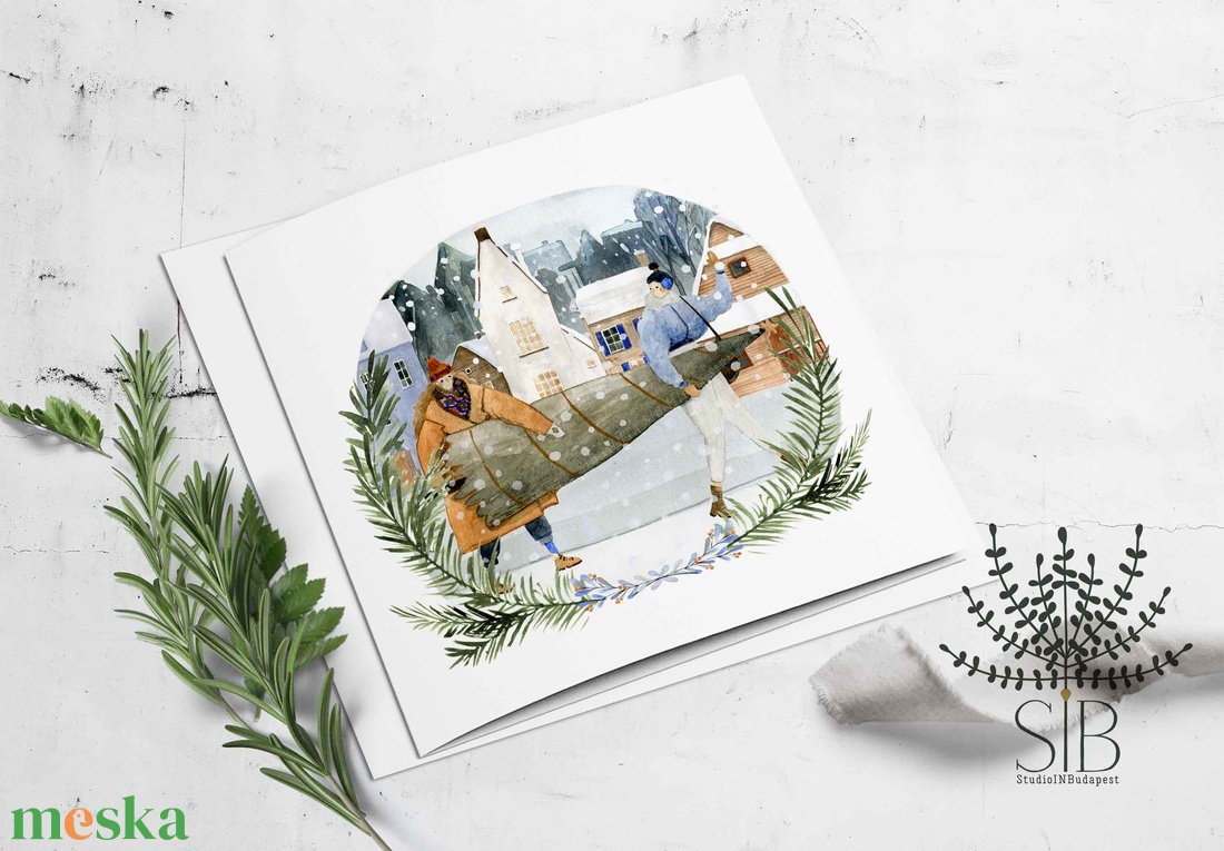 Karácsonyi fenyőfa vásárlós képeslap - otthon & életmód - papír, írószer - ajándékozás kellékei - képeslap, üdvözlőlap - Meska.hu