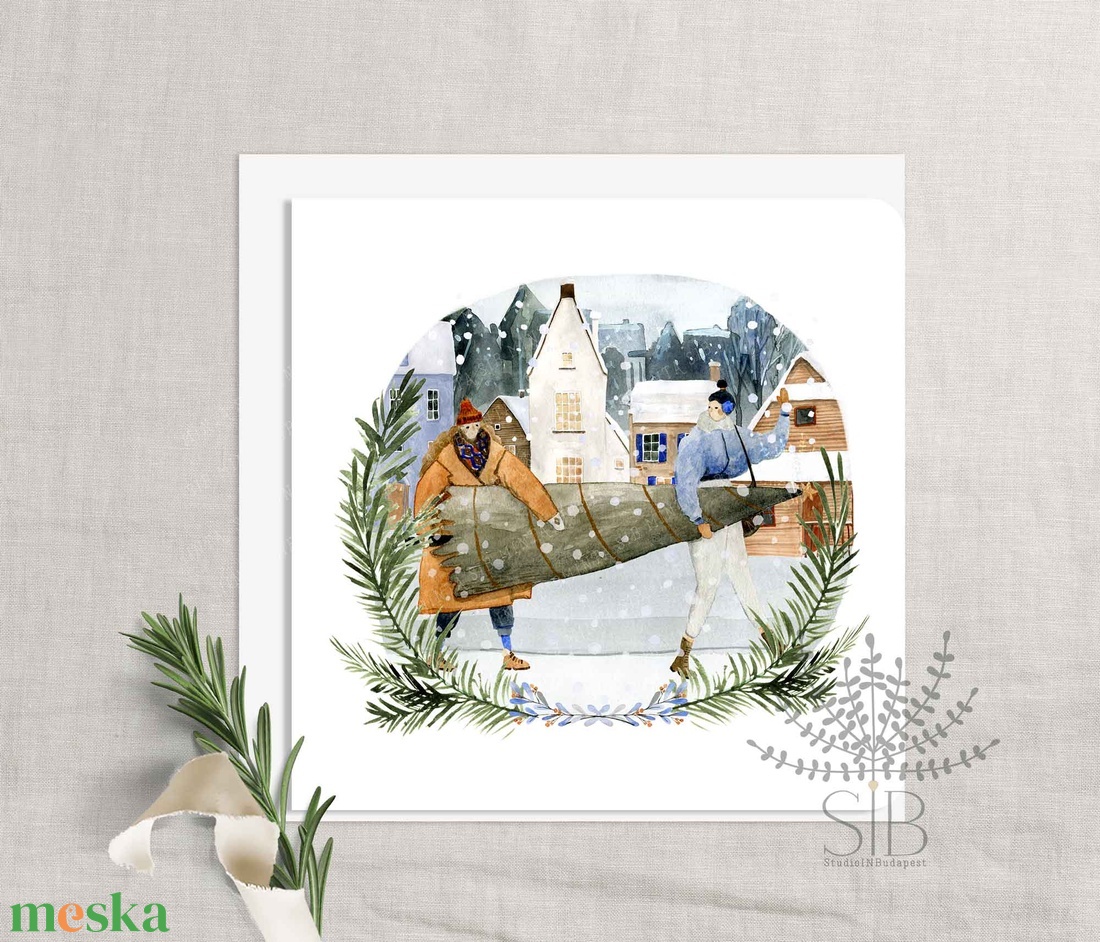 Karácsonyi fenyőfa vásárlós képeslap - otthon & életmód - papír, írószer - ajándékozás kellékei - képeslap, üdvözlőlap - Meska.hu