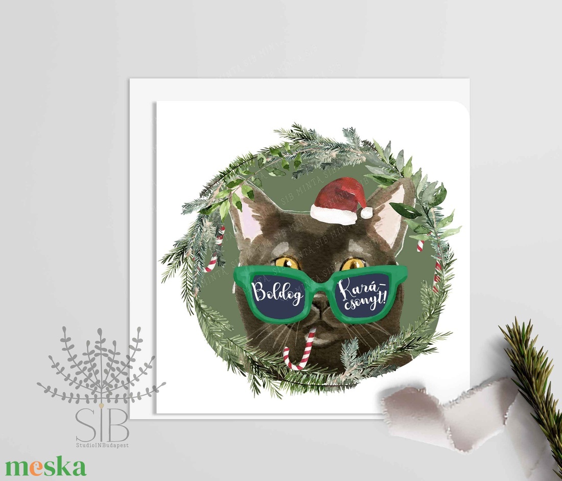 Karácsonyi menő macska képeslap -FEKETE MACS - karácsony - karácsonyi ajándékozás - karácsonyi képeslap, üdvözlőlap, ajándékkísérő - karácsonyi ajándékozás - Meska.hu