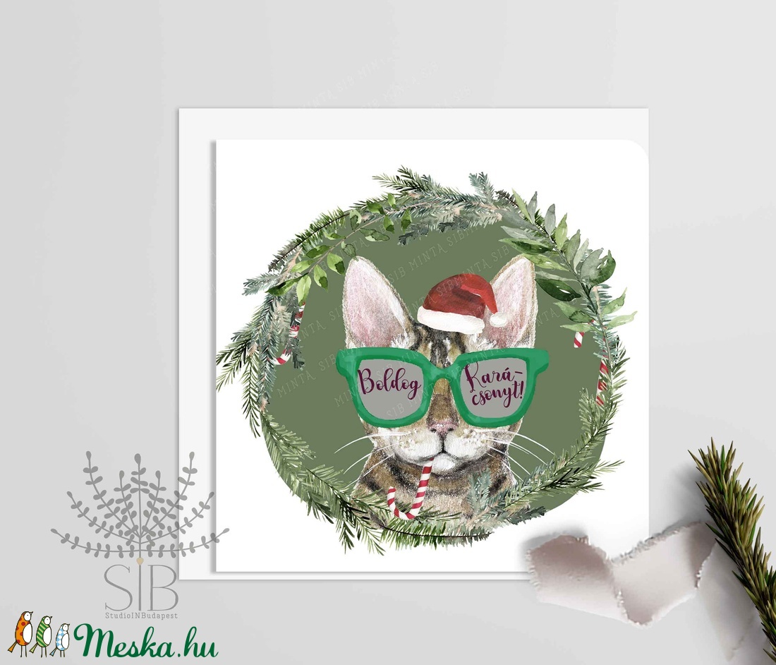 Karácsonyi menő macska képeslap - SZÜRKE MACS - otthon & lakás - papír írószer - képeslap & levélpapír - Meska.hu