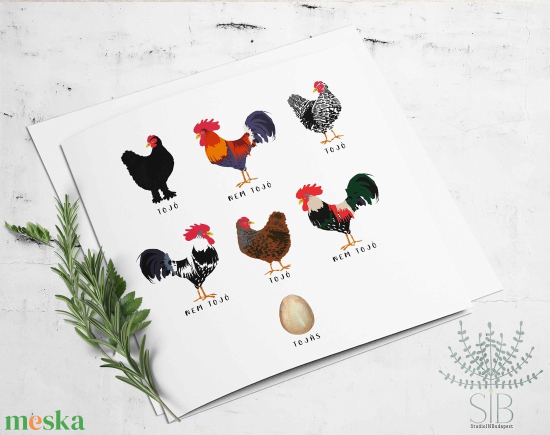 Tyúk, kakas és tojás grafikás húsvéti képeslap - otthon & lakás - papír írószer - képeslap & levélpapír - Meska.hu