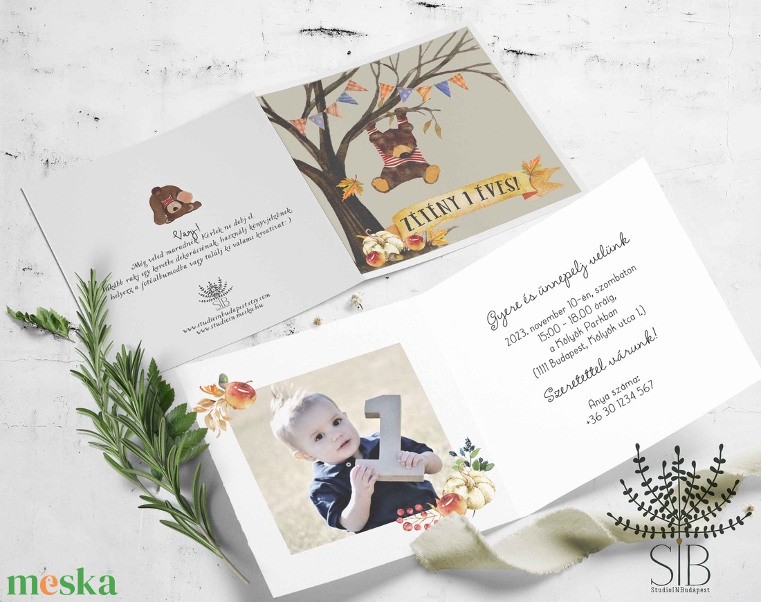 Őszi mackós gyermek születésnapi meghívó - otthon & életmód - papír, írószer - ajándékozás kellékei - képeslap, üdvözlőlap - Meska.hu