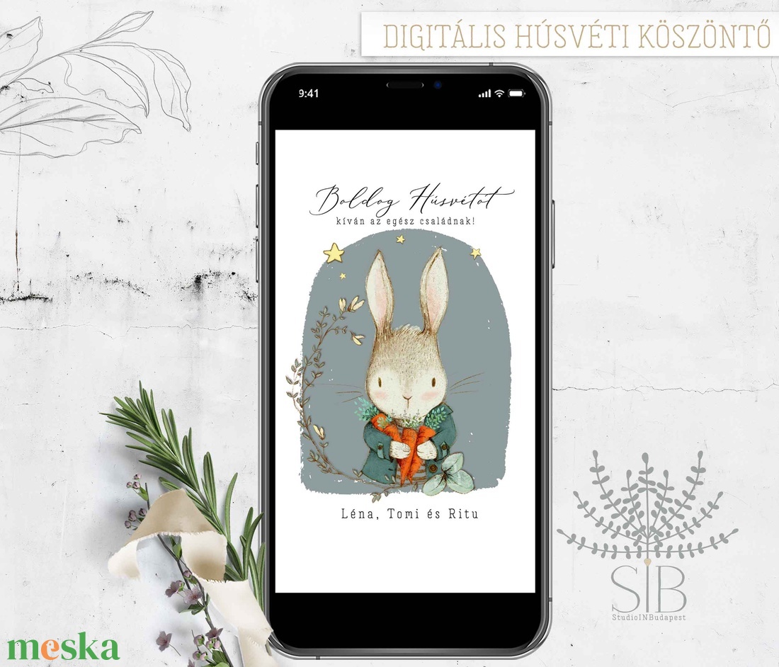 Húsvéti köszöntő nyuszis digitális képeslap, letölthető húsvéti üdvözlő - ünnepi díszek, dekorációk - húsvéti díszek és dekorációk - húsvéti képeslapok - Meska.hu