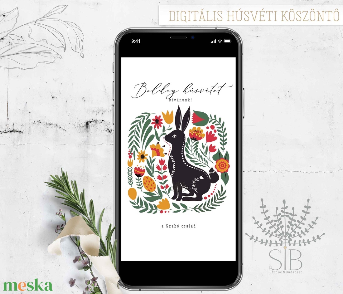 Húsvéti köszöntő népi motívumokkal, nyuszis digitális képeslap, letölthető húsvéti üdvözlő - otthon & életmód - papír, írószer - ajándékozás kellékei - képeslap, üdvözlőlap - Meska.hu