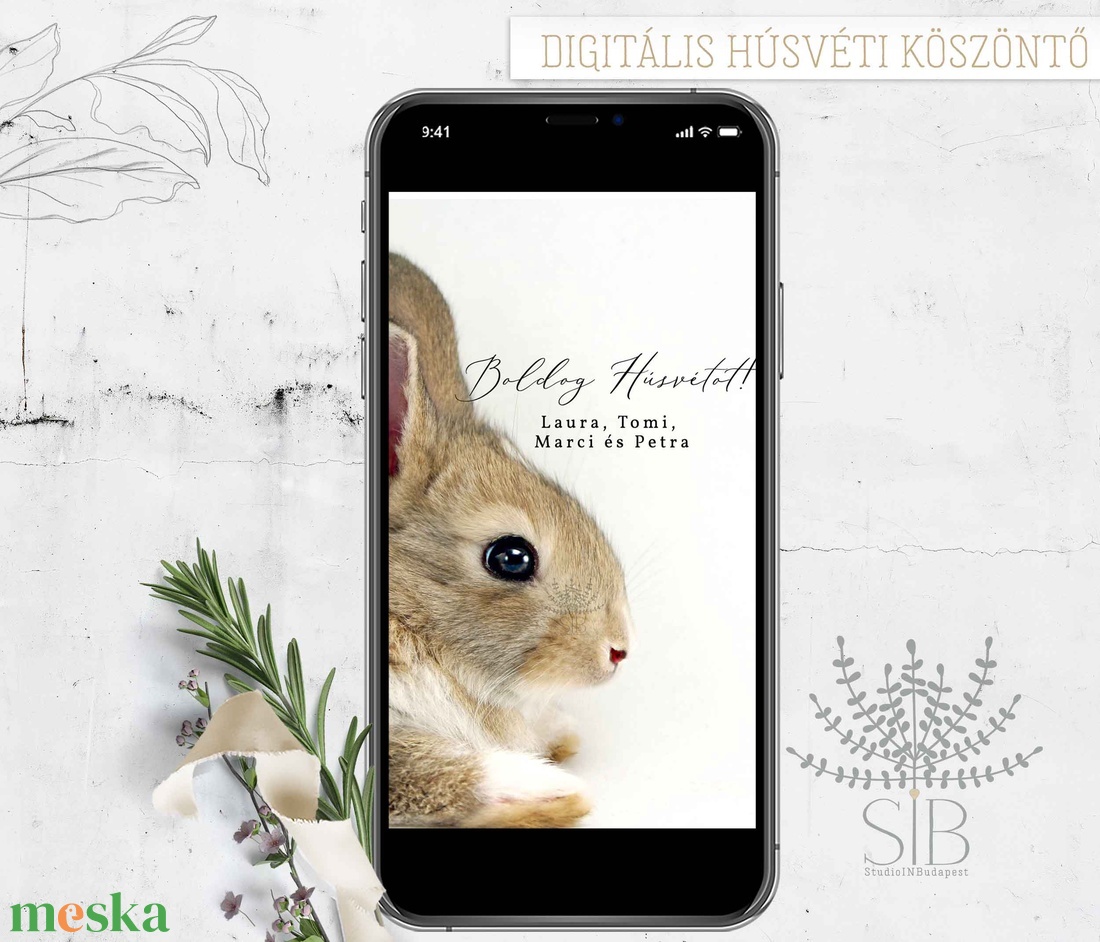 Húsvéti köszöntő nyuszis digitális képeslap, letölthető húsvéti üdvözlő - otthon & lakás - papír írószer - képeslap & levélpapír - Meska.hu
