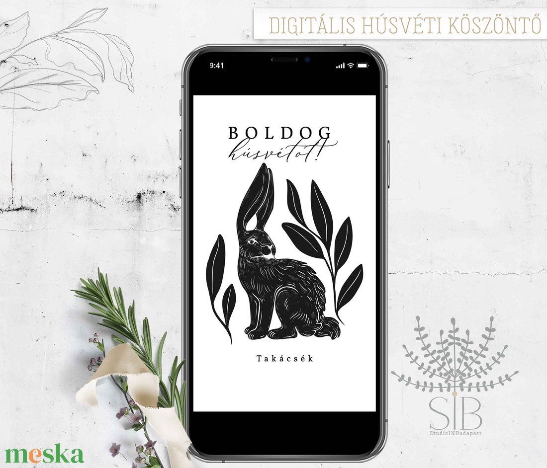 Húsvéti köszöntő, minimál grafikás, fekete-fehér nyuszis digitális képeslap, letölthető húsvéti üdvözlő - otthon & életmód - papír, írószer - ajándékozás kellékei - képeslap, üdvözlőlap - Meska.hu
