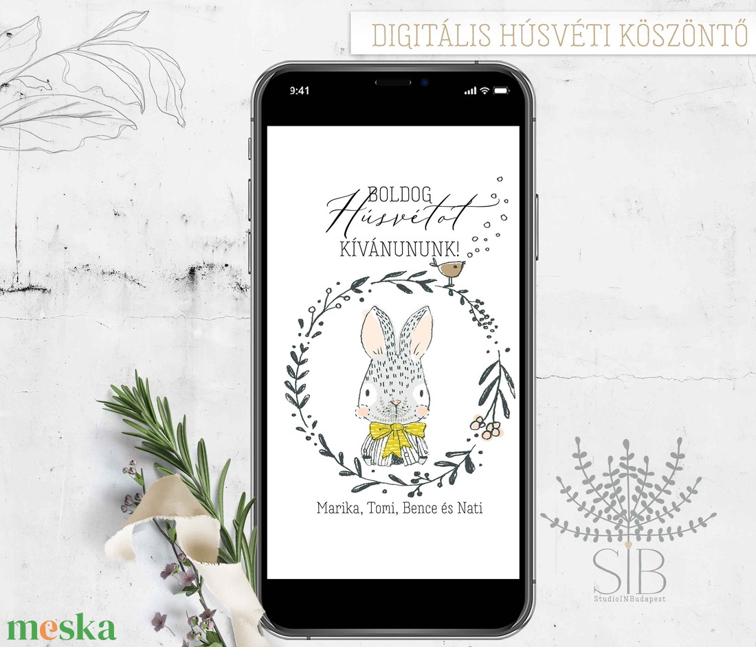 Húsvéti képeslap köszöntő nyuszis digitális formában, letölthető húsvéti üdvözlő - otthon & életmód - papír, írószer - ajándékozás kellékei - képeslap, üdvözlőlap - Meska.hu