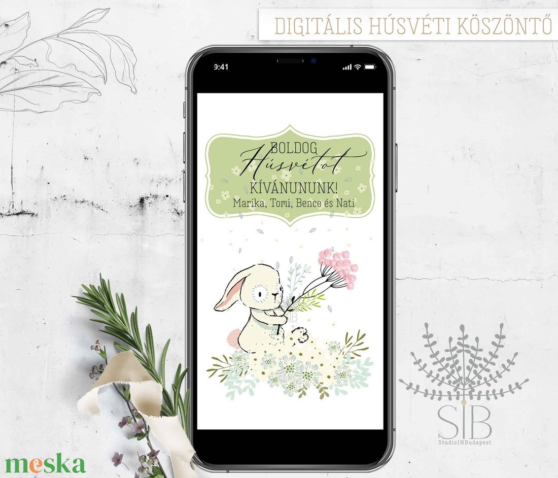 Húsvéti családi köszöntő nyuszis digitális képeslap, letölthető húsvéti üdvözlő - otthon & életmód - papír, írószer - ajándékozás kellékei - képeslap, üdvözlőlap - Meska.hu