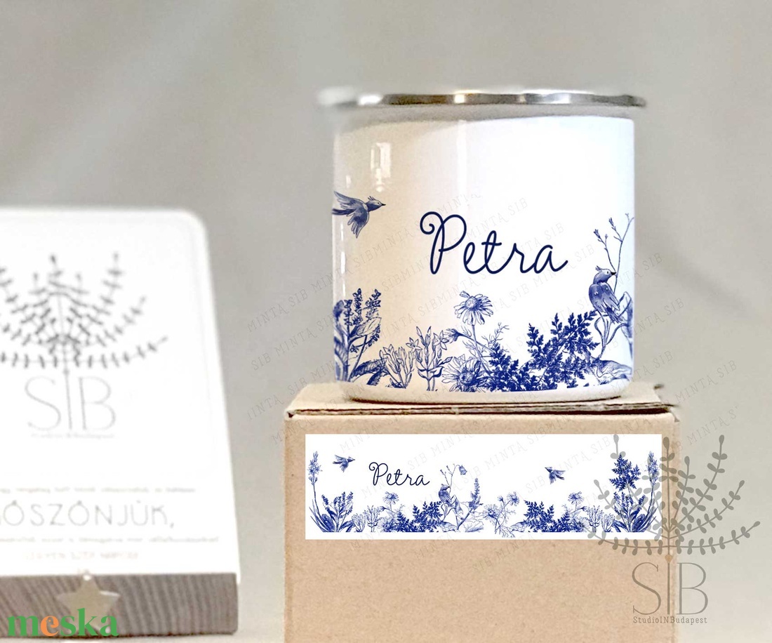 Kék virágos, zománcozott fém bögre, névre szóló - otthon & életmód - konyhafelszerelés, tálalás - tálalás - bögre & csésze - Meska.hu