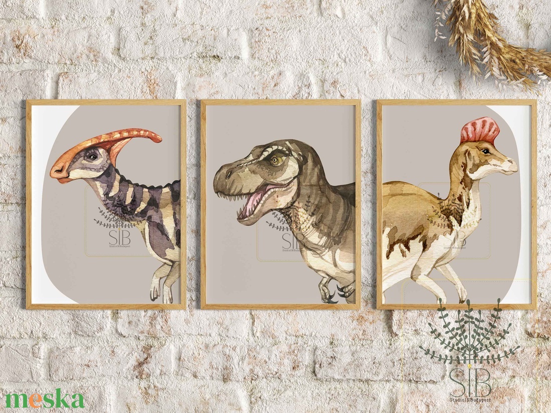 Dinoszauruszos gyermekszobai falikép szett, 3db-os dinós illusztráció gyerekszobába - otthon & lakás - babaszoba, gyerekszoba - babaszoba kép - Meska.hu