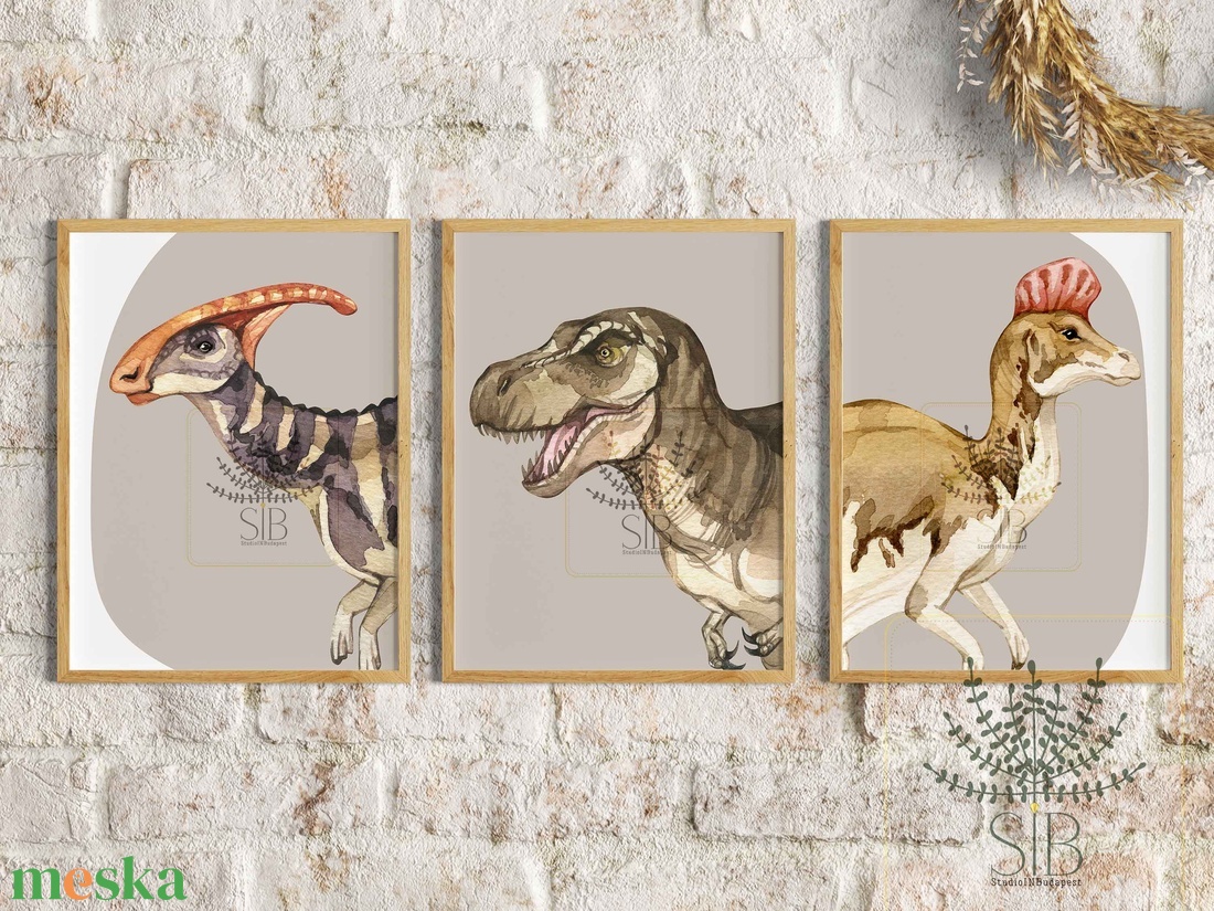 Dinoszauruszos gyermekszobai falikép szett, 3db-os dinós illusztráció gyerekszobába - otthon & életmód - babaszoba, gyerekszoba - babaszoba kép - Meska.hu