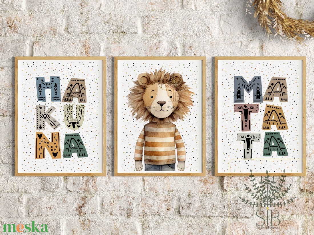 Hakuna Matata oroszlános gyermekszobai falikép szett, 3db-os színes illusztráció gyerekszobába - otthon & életmód - babaszoba, gyerekszoba - babaszoba kép - Meska.hu