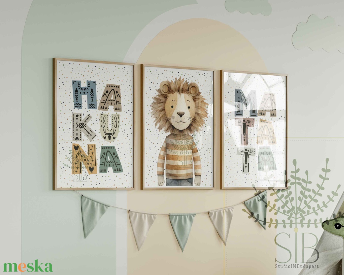 Hakuna Matata oroszlános gyermekszobai falikép szett, 3db-os színes illusztráció gyerekszobába - otthon & életmód - babaszoba, gyerekszoba - babaszoba kép - Meska.hu