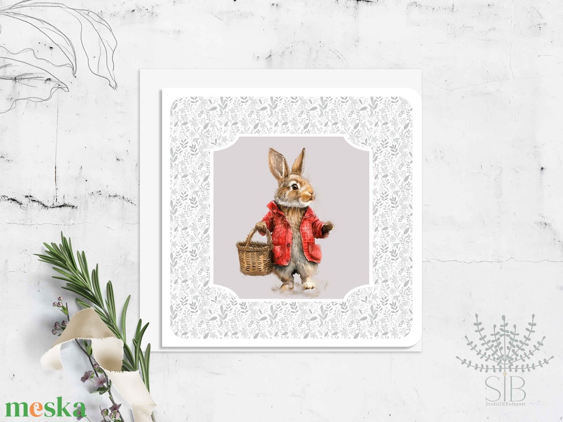 Húsvéti képeslap, tojásvadász nyuszival - otthon & életmód - papír, írószer - ajándékozás kellékei - képeslap, üdvözlőlap - Meska.hu