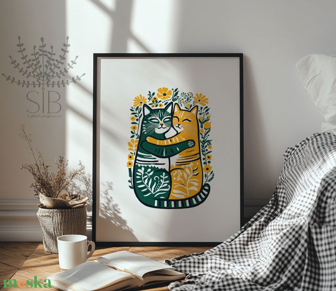 Ölelkező macskák falikép - házassági évforduló, páros ajándék Modern népi stílusú print - otthon & életmód - dekoráció - kép & falikép - poszter - Meska.hu