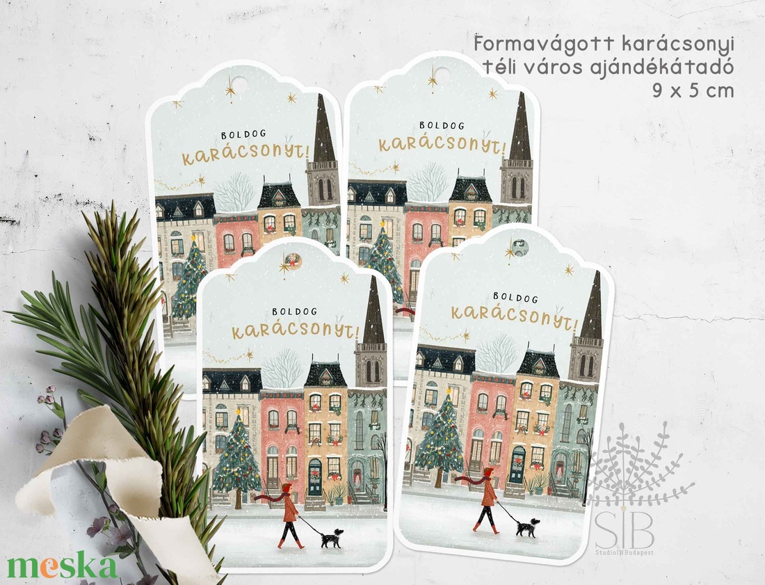 Karácsonyi ajándékkísérő, téli városi kutya mintás formavágott ajándékátadó címke - karácsony - karácsonyi ajándékozás - karácsonyi képeslap, üdvözlőlap, ajándékkísérő - Meska.hu