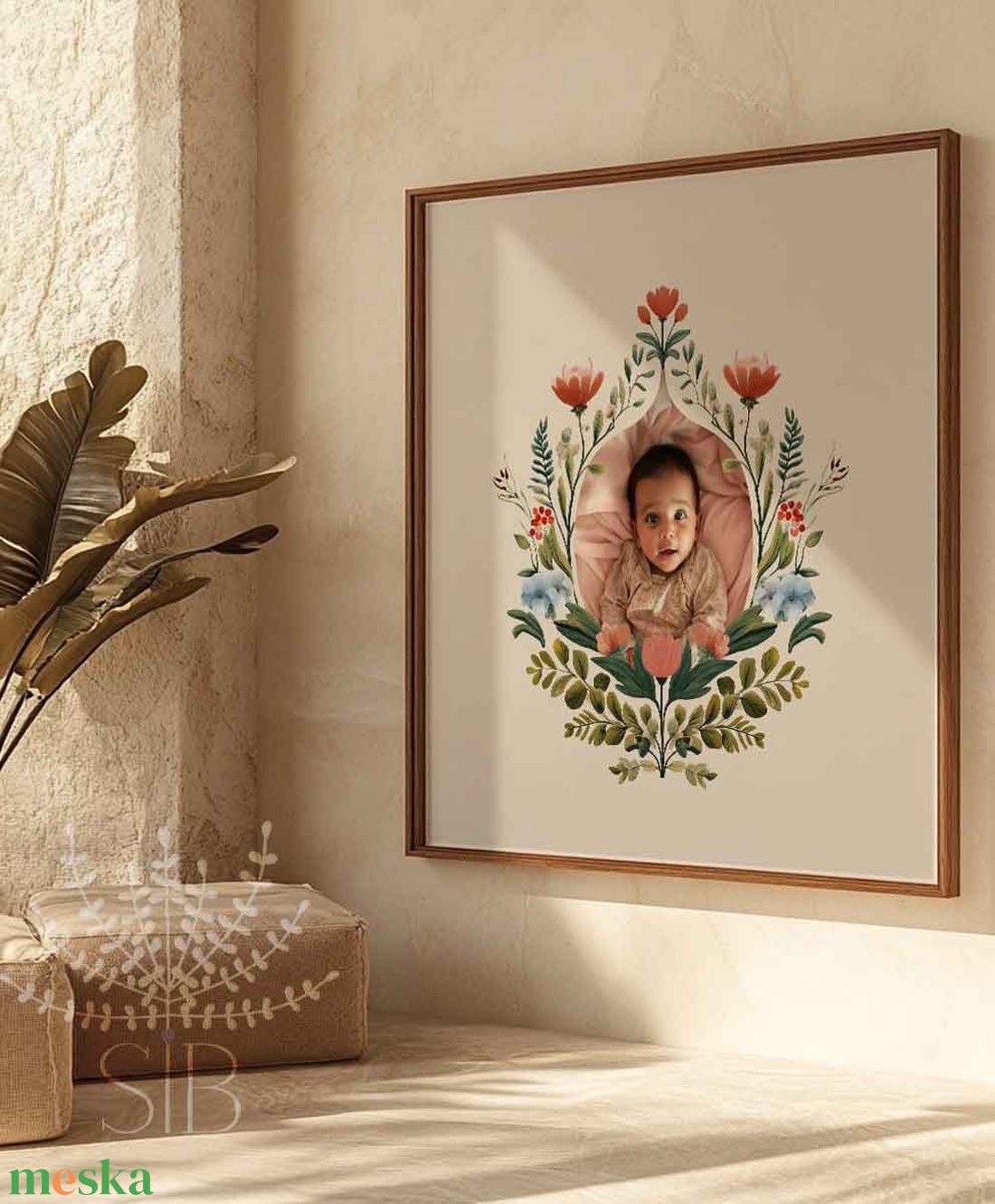 Fotós babaposzter boho virágos stílusban, ajándék nagyszülőknek - baba - mama - babaszoba-dekoráció - babaposzter - Meska.hu