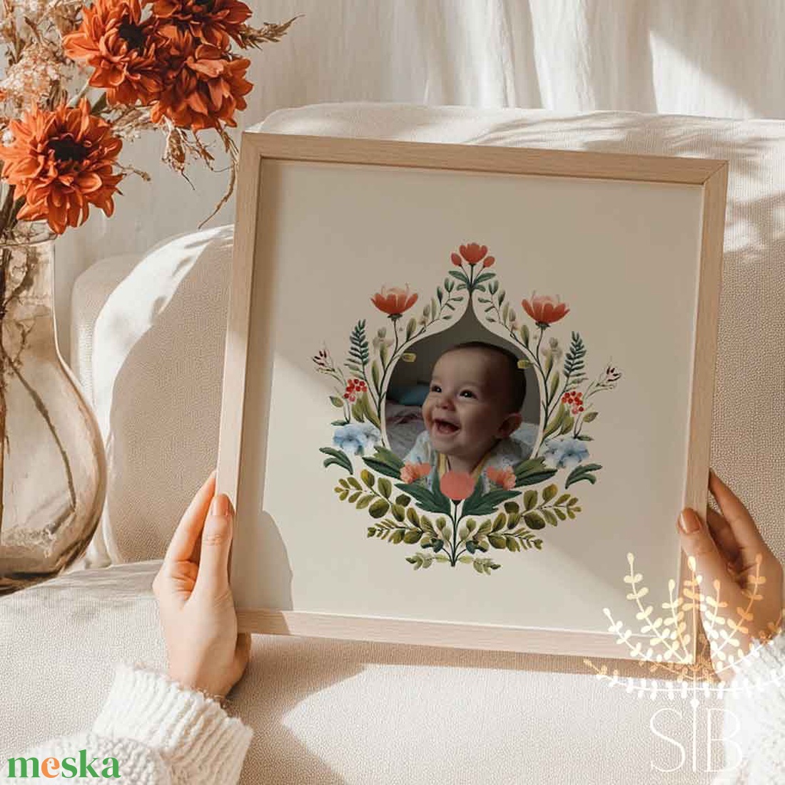 Fotós babaposzter boho virágos stílusban, ajándék nagyszülőknek - baba - mama - babaszoba-dekoráció - babaposzter - Meska.hu