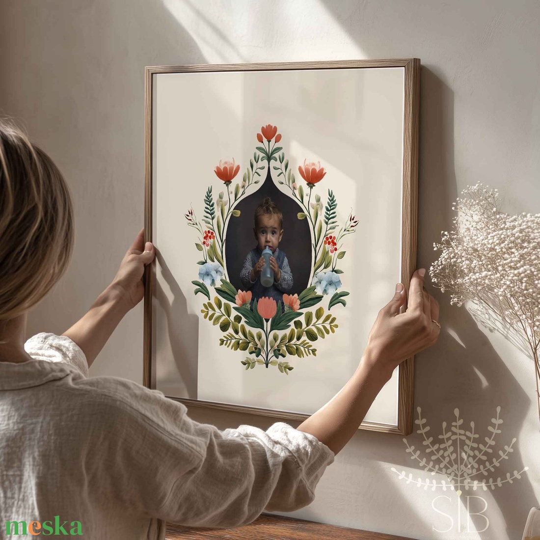 Fotós babaposzter boho virágos stílusban, ajándék nagyszülőknek - baba - mama - babaszoba-dekoráció - babaposzter - Meska.hu