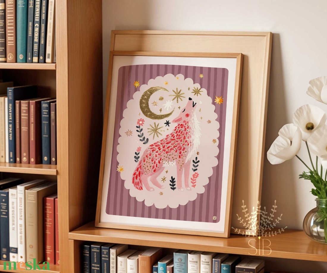 Modern, színes boho stílusú falikép, farkas grafika - baba - mama - babaszoba-dekoráció - babaszoba kép - Meska.hu